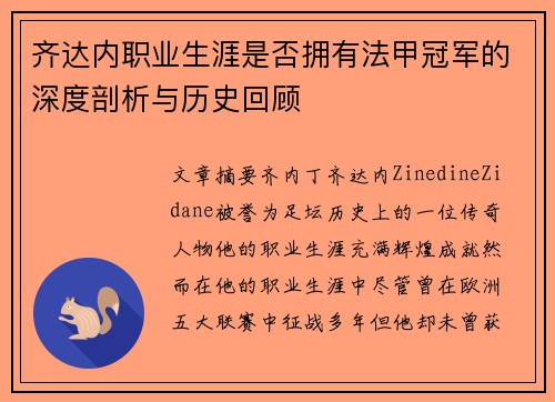 齐达内职业生涯是否拥有法甲冠军的深度剖析与历史回顾