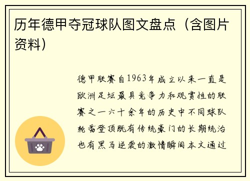 历年德甲夺冠球队图文盘点（含图片资料）